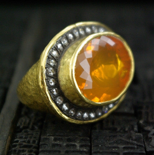 ARA 24K Collection Large Oval  Mexican Fire Opal and Diamond Ring in 24K Gold