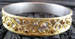 Annie Fensterstock Custom Winter Bangle Bracelet in18K White Gold, 22K Yellow Gold with Fancy Colored and White Diamonds