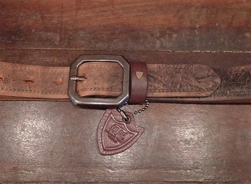 HTC Hollywood Trading Company Steel with Vintage Tooled Brown Leather Belt