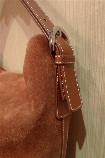 Rust Suede Bucket Bag with Gold Studs and Leather Shoulder Strap