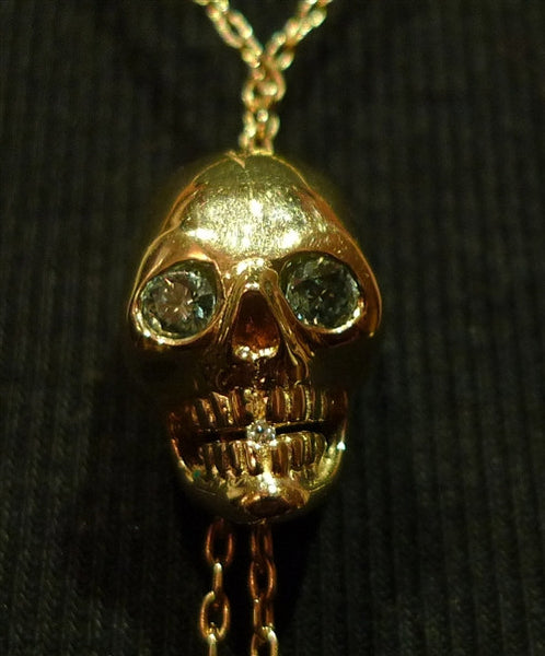 Mine 18K Yellow Gold Skull with Diamond Eyes Necklace and Sword Through Heart