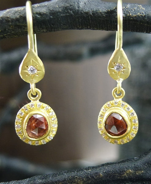 Annie Fensterstock 18K Yellow Gold, Orange Sapphire and Diamond Earrings