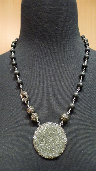Roni Blanshay Lava Bead and Pave Crystal Pendant Necklace with Lobster Claw Clasp