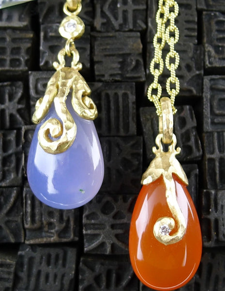 Pamela Froman 18K Yellow Gold, Diamond, Carnelian, and Chalcedony Drop Pendants with Chain Necklaces