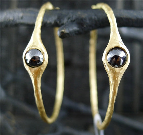 Pamela Froman 18K Yellow Gold and Rose Cut Black Diamond Crushed Headlight Hoop Earrings