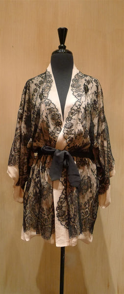 Jenny Packham Black Chantilly Lace and Nude Silk Robe