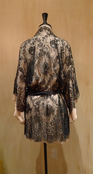 Jenny Packham Black Chantilly Lace and Nude Silk Robe