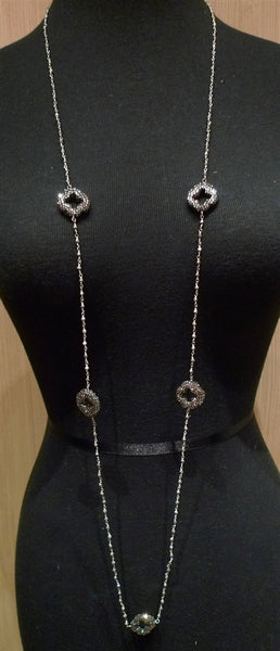 Roni Blanshay Long Pyrite Chain with Pave Crystal Clover Shaped Stations