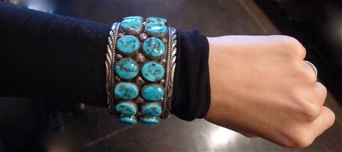 Pawn Chieftain's Cuff of Double Row Morenci Turquoise and Sterling Silver
