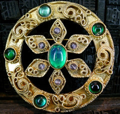 Robert Goossens of Paris Gilded Filigree Brooch/Pendant with Green Crystals