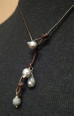 Rebecca Lankford Leather Lariat Necklace with Baroque Pearls and Diamond Charms