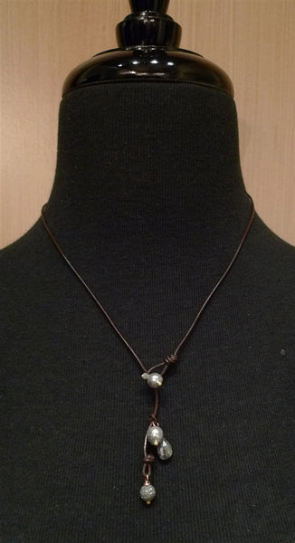 Rebecca Lankford Leather Lariat Necklace with Baroque Pearls and Diamond Charms