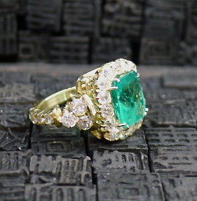 Circa 1890 Cushion Shaped Emerald and Diamond Ring in 18K Yellow Gold