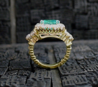 Circa 1890 Cushion Shaped Emerald and Diamond Ring in 18K Yellow Gold