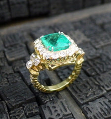 Circa 1890 Cushion Shaped Emerald and Diamond Ring in 18K Yellow Gold