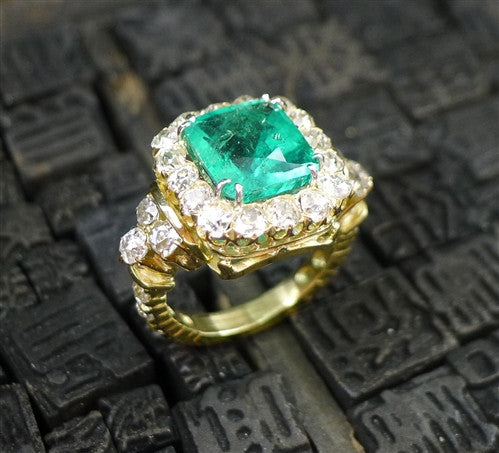 Circa 1890 Cushion Shaped Emerald and Diamond Ring in 18K Yellow Gold