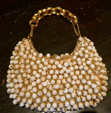 Clara Kasavina Ivory Beaded Bag with Swarovski Crystals and Chain Strap