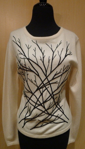 Armand Diradourian Beaded Branch Cashmere Sweater in Ivory