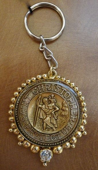 Virgins Saints & Angels VSA Designs St Christopher Keychain with Clear Crystals