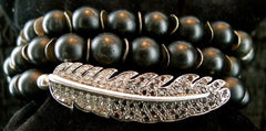 Renee Sheppard Onyx Bead with Black and White Pave Diamond Feather Wrap Stretch Bracelet