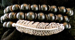Renee Sheppard Onyx Bead with Black and White Pave Diamond Feather Wrap Stretch Bracelet
