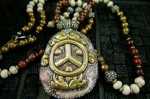 Roni Blanshay Tibetan Agate Pendant and Crystal Encrusted Bead Necklace