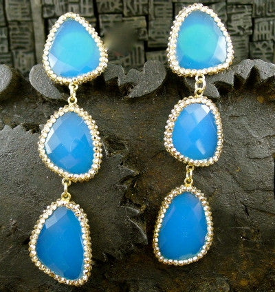 Roni Blanshay Peacock Blue Slice Crystal Encrusted Three Tier Drop Earring
