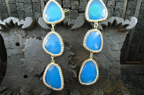 Roni Blanshay Peacock Blue Slice Crystal Encrusted Three Tier Drop Earring