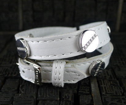 CC Skye White Leather Double Wrap Bracelet with Silver Tone Screw Heads