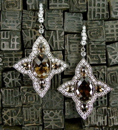Sutra Blackened Sterling Silver, Smoky Quartz and Crystal Four Points Earrings