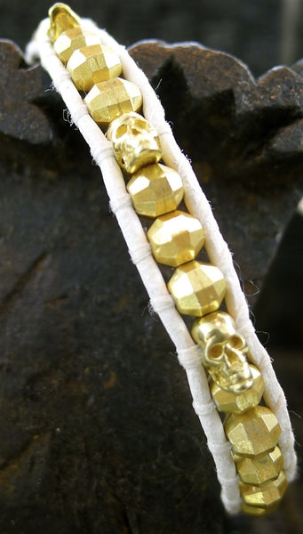 Chan Luu White Wrap Bracelet with Gold Vermeil Bead and Skulls