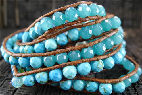 Chan Luu Brown Wrap Bracelet with Mixed Faceted Turquoise Beads