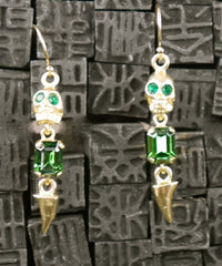 Michael Spirito Jewelry Skull with Emerald Swarovski Tooth Gold Plated Earrings