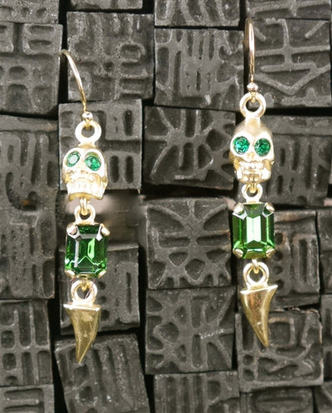 Michael Spirito Jewelry Skull with Emerald Swarovski Tooth Gold Plated Earrings