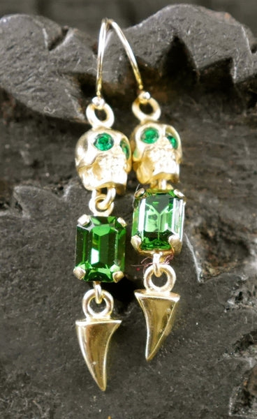 Michael Spirito Jewelry Skull with Emerald Swarovski Tooth Gold Plated Earrings