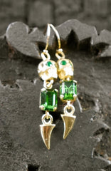 Michael Spirito Jewelry Skull with Emerald Swarovski Tooth Gold Plated Earrings