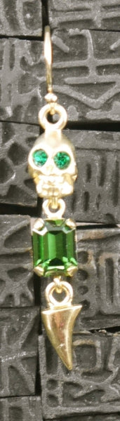 Michael Spirito Jewelry Skull with Emerald Swarovski Tooth Gold Plated Earrings