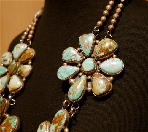 Navajo Sterling Silver and Pilot Mountain Turquoise Flower Necklace