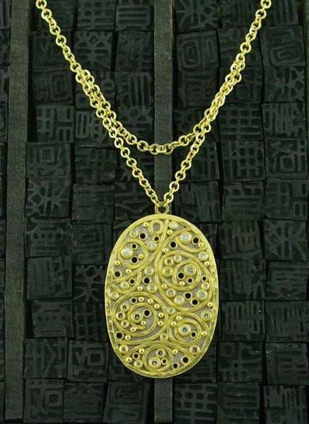 Annie Fensterstock 22k Yellow Gold, 18K White Gold and Fancy Diamond Winter Pendant on Flat Link Chain
