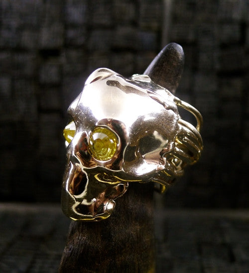 Lucifer Vir Honestus 18K White Gold Skull Ring with Yellow Diamond Eyes