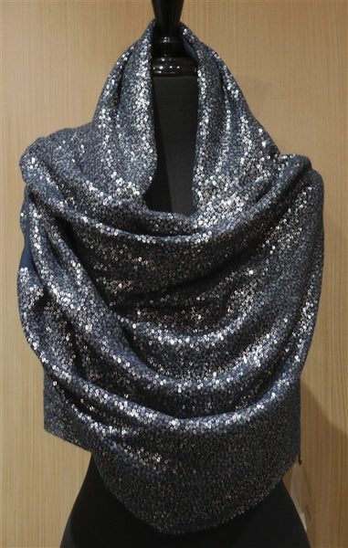Bajra Cashmere Mini Paillette Sequin Scarf/Stole in Teal Blue with Silver Sequins