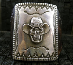 Southwestern Sterling Silver Cowboy Skeleton Leather Cuff Bracelet