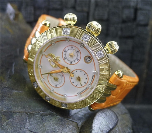 Seah Chronograph Watch with Genuine Orange Crocodile Strap with Diamonds