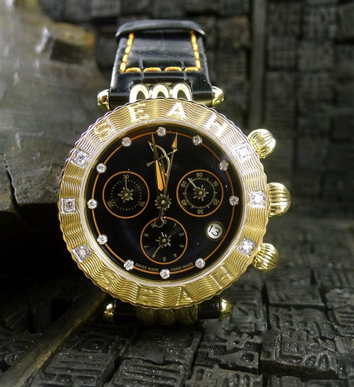 Seah Chronograph Saggitarrius Watch with Genuine Black Crocodile Strap with Orange Top Stitching with Diamonds