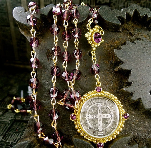Virgins, Saints and Angels San Benito Amethyst Crystal Rosary Necklace