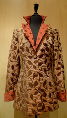 Quadrille Custom Brown Vine Jacket with Brick Polka Dot Collar