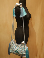 Buba Turquoise Spiral Embroidered Tote Handbag