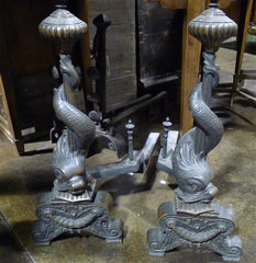 Antique Italian  Dolphin Figural Fireplace Andirons in Bronze