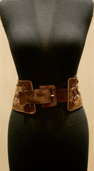 Adrienne Landau Jewel Embroidered Brown Suede Belt