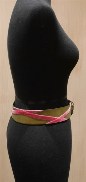Linea Pelle Green Belt with Pink Velvet Embroidery